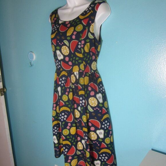 Tulip B Sleeveless Dress Size ML Cotton Blend Summer Fruit Print Blue Zip Shift - Picture 10 of 12